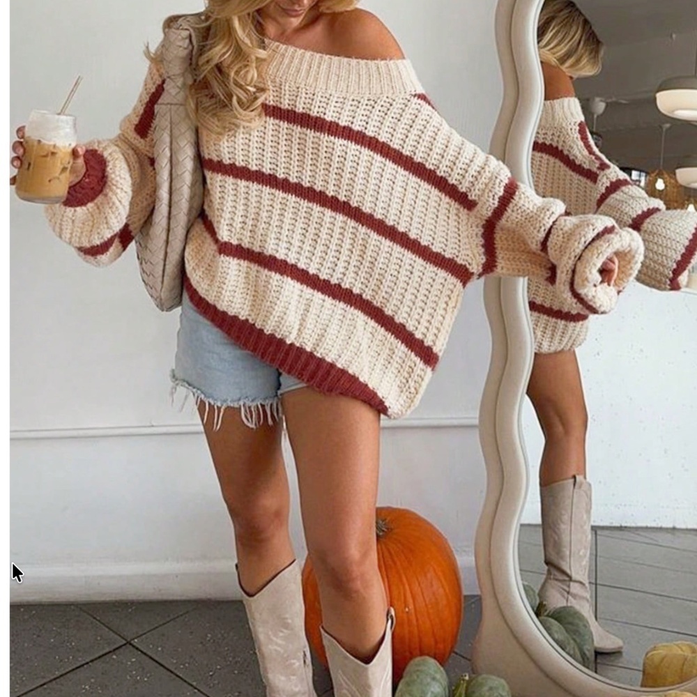 Knit Oversized Striped Beige Brown Pullover Sweater Bishop Sleeve Stretchy